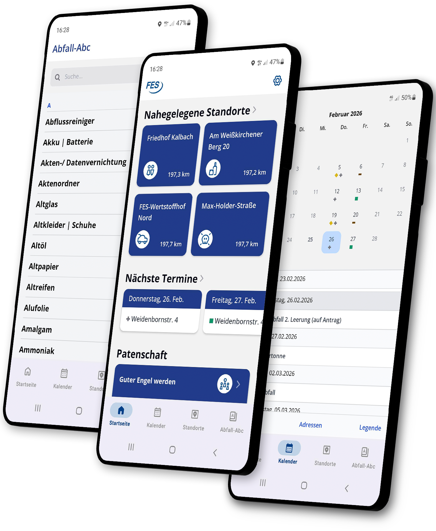 Startseite, Kalender und Abfall-Abc der FrankfurtPlus-App auf dem Smartphone