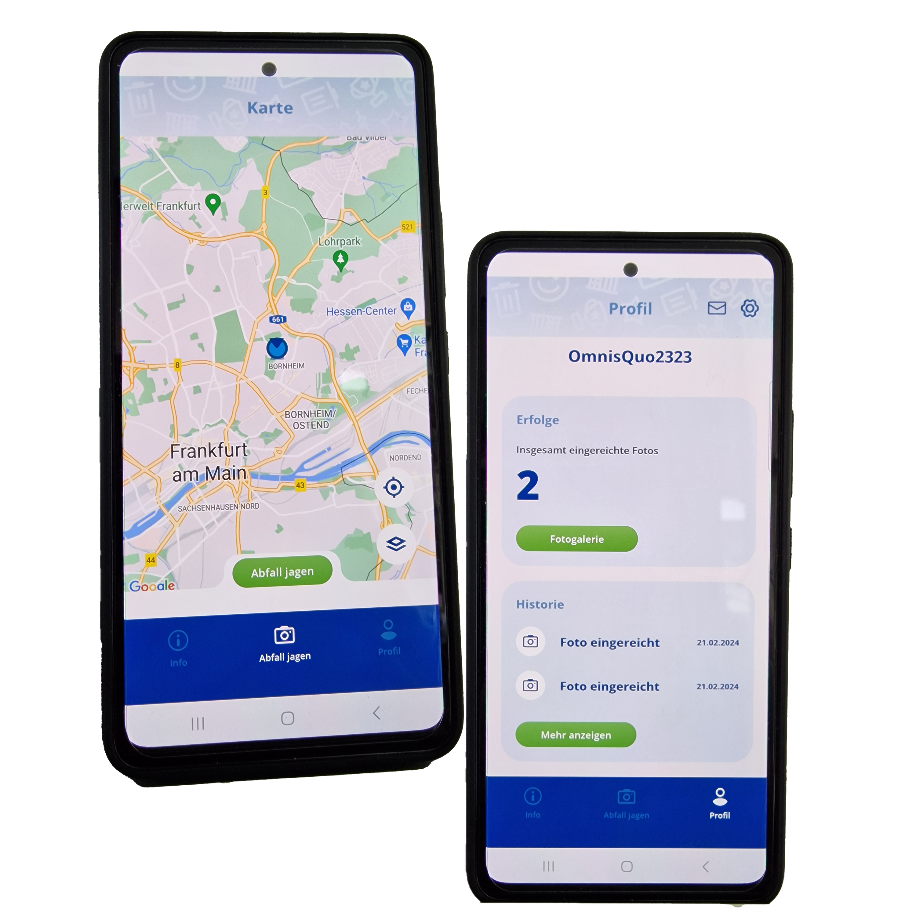 Zwei Smartphones mit Display "Abfall jagen" und Fotogalerie