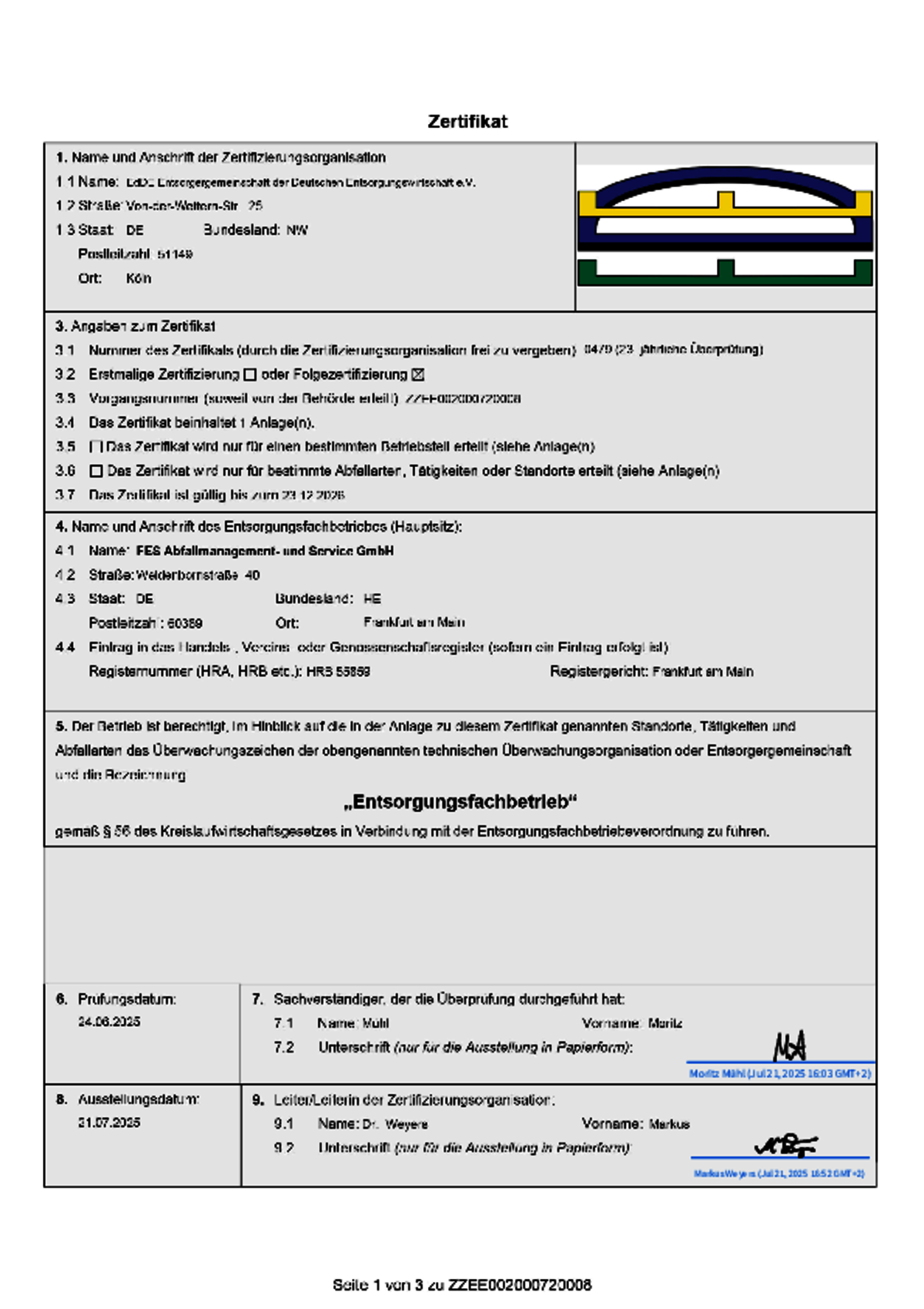 Entsorgungsfachbetrieb gültig bis Ende 2026