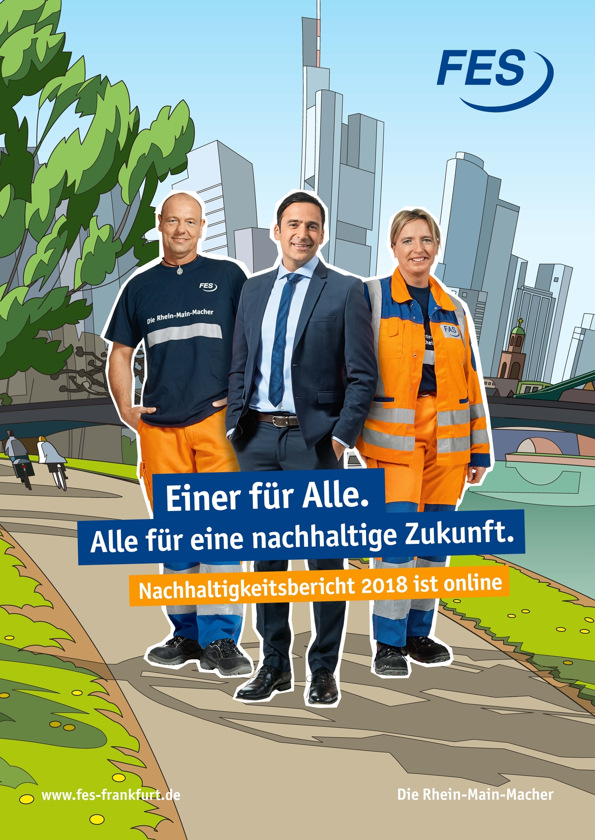Titelseite des FES-Nachhaltigkeitsberichts 2018 mit Mitarbeitenden im Einsatz.