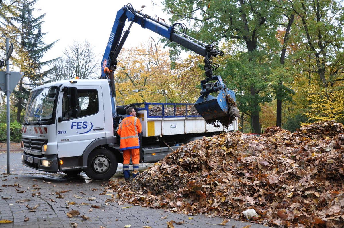 Greiferfahrzeug lädt Laub auf