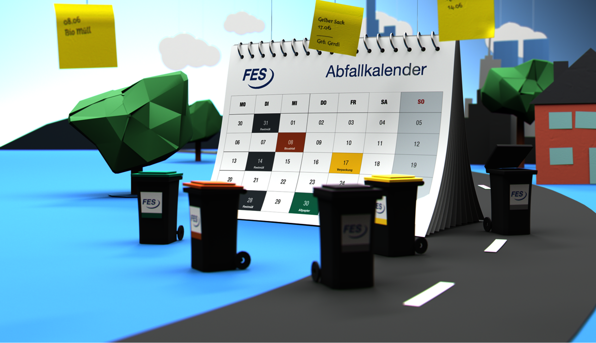 Illustration mit Abfalltonnen auf einer Straße vor großem Kalender und gelben Notizzetteln