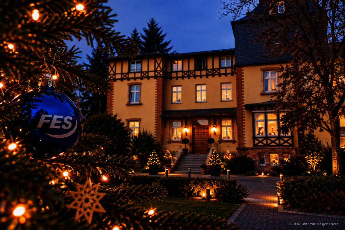 Hauptgebäude FES in der Weidenbornstraße mit Weihnachtsambiente und FES Weihnachtskugel 