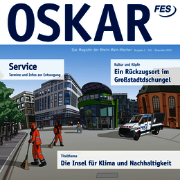 Logo ‚OSKAR‘ mit Illustration einer Straße mit Müllabfuhrfahrzeugen – Ausgabe 2025/2