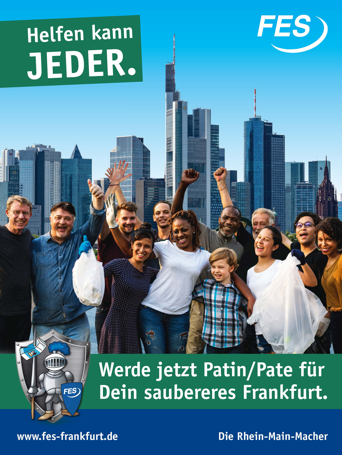 Werbeanzeige für die Sauberkeitspaten in Frankfurt mit einer Gruppe von Paten.