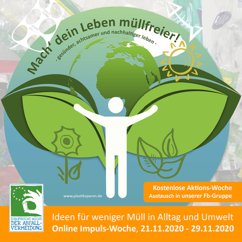 Grafik mit grünen Blättern und weißer Figur, Schriftzug „Mach dein Leben müllfreier“ – Veranstaltung zur Plastikvermeidung.