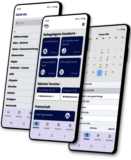 Startseite, Kalender und Abfall-Abc der FrankfurtPlus-App auf dem Smartphone