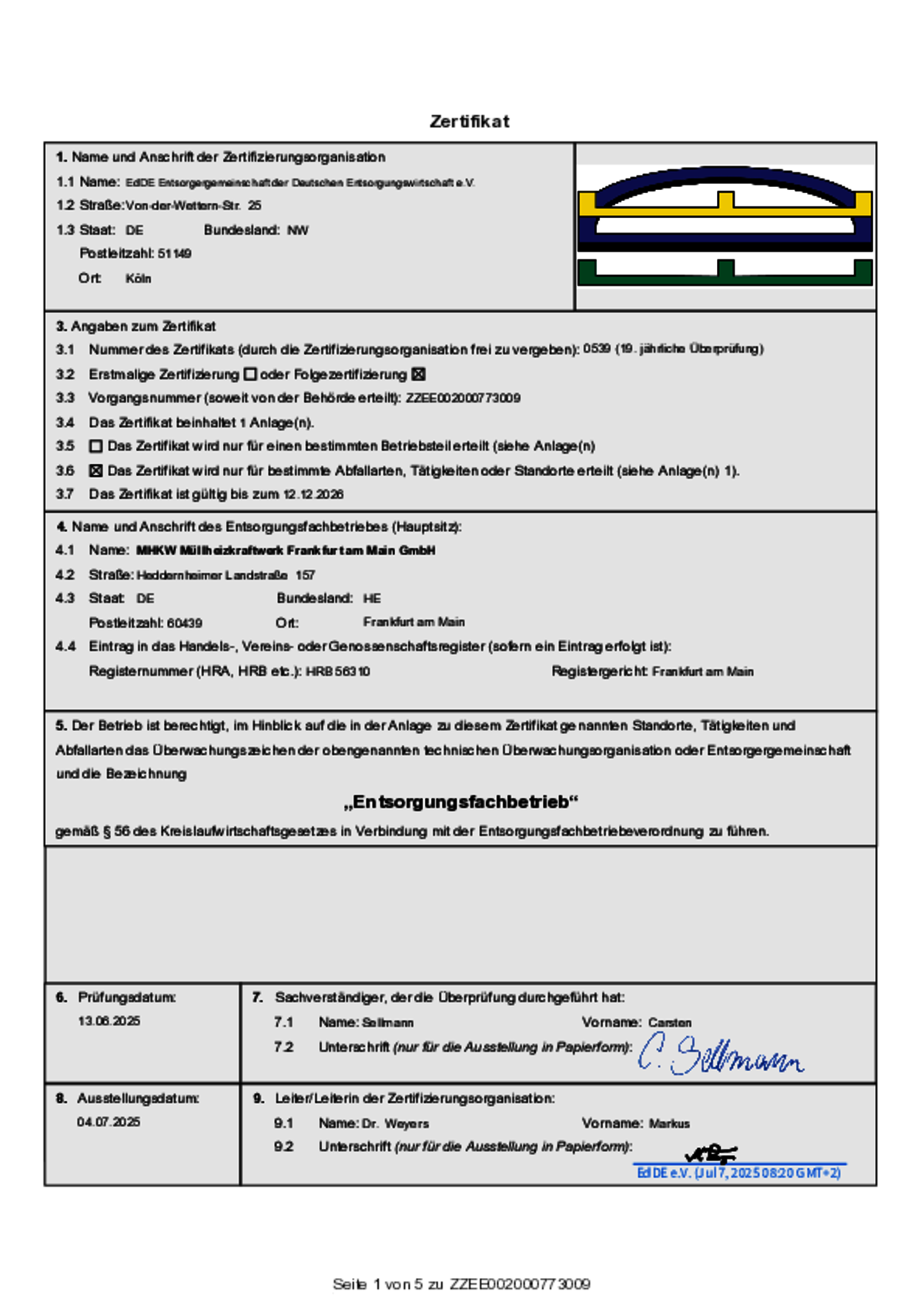 Entsorgungsfachbetrieb gültig bis Ende 2026