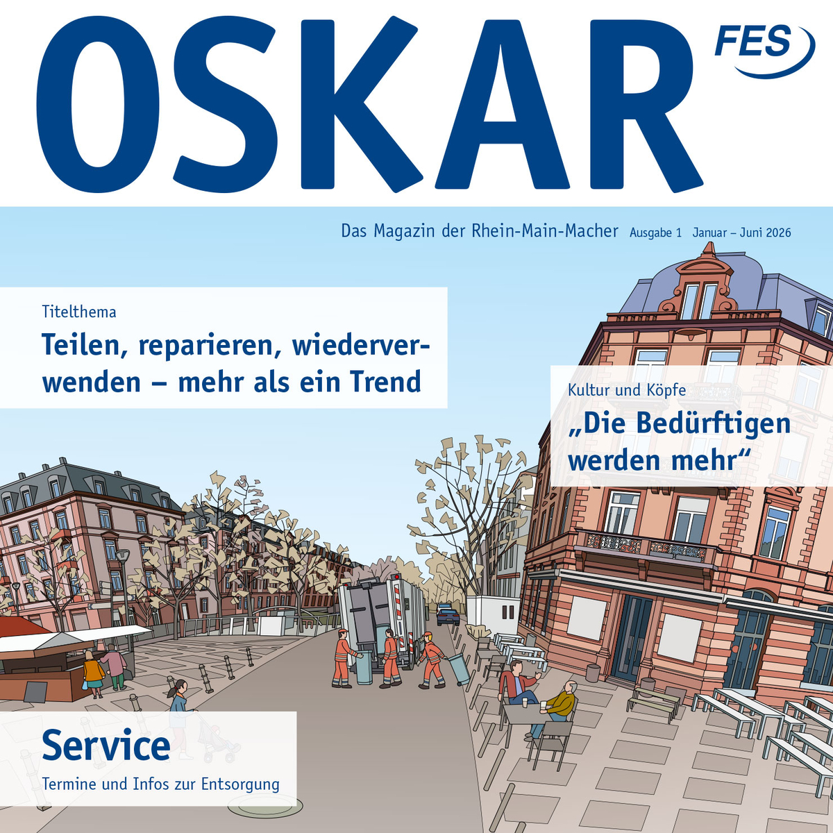 Logo ‚OSKAR‘ mit Illustration einer Innenstadt mit Straßenreinigungsfahrzeug – Ausgabe 2026/1