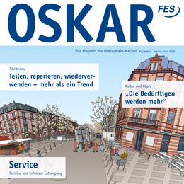 Logo ‚OSKAR‘ mit Illustration einer Innenstadt mit Straßenreinigungsfahrzeug – Ausgabe 2026/1