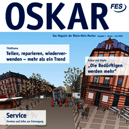 Logo ‚OSKAR‘ mit Illustration einer Innenstadt mit Straßenreinigungsfahrzeug – Ausgabe 2026/1