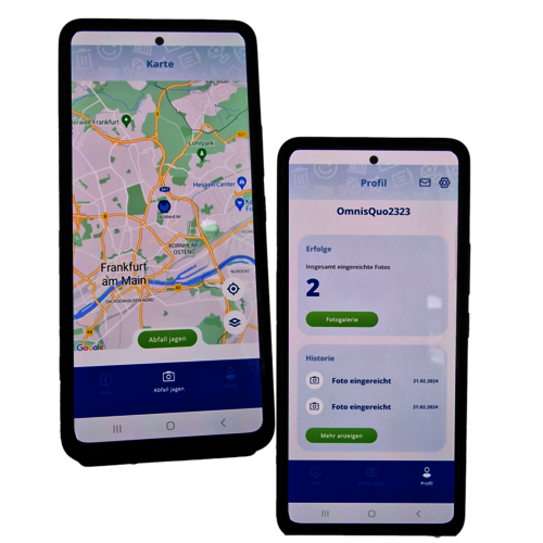 Zwei Smartphones mit Display "Abfall jagen" und Fotogalerie
