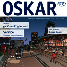 Logo ‚OSKAR‘ mit Illustration eines Marktplatzes und umliegender Gebäude – Ausgabe 2025/1