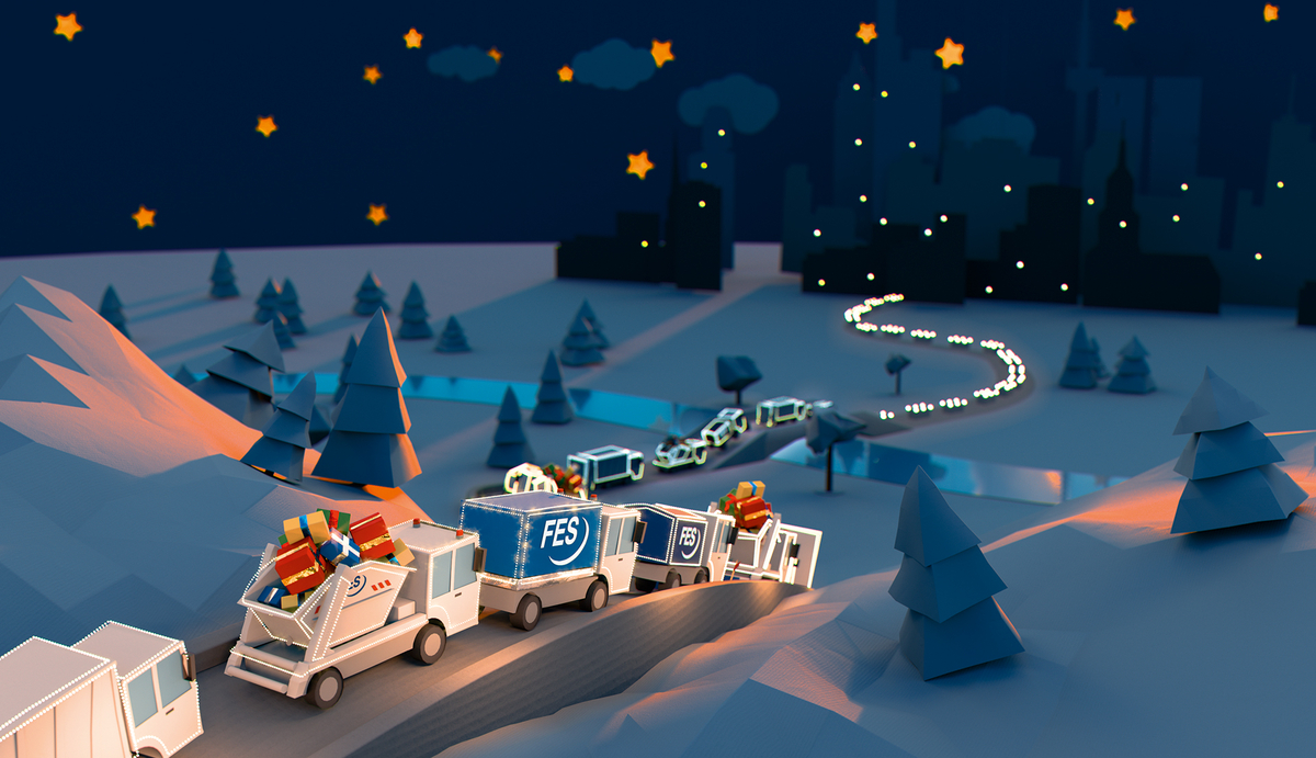 Illustrierte Winterlandschaft bei Nacht mit FES-Fahrzeugen und beleuchteter Straße in Richtung Stadt