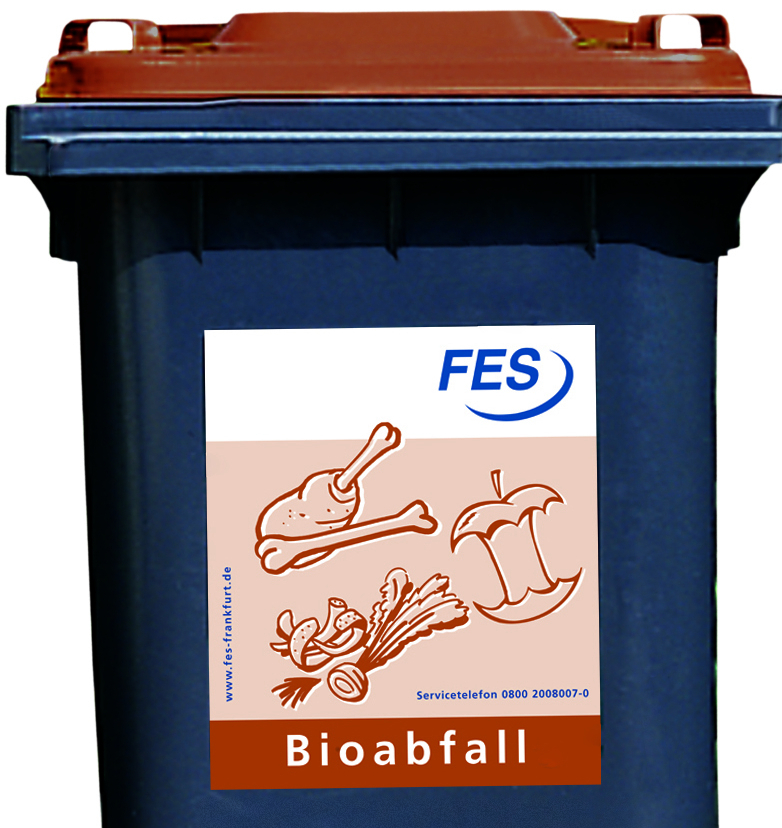 Biotonne der FES Frankfurt mit braunem Deckel und Piktogrammaufkleber „Bioabfall“