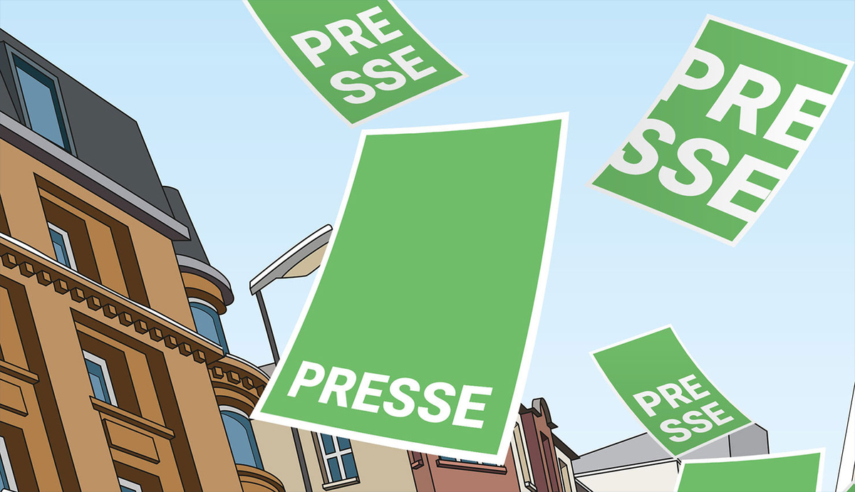 Illustration mit geöffnetem Brief und grünem Dokumentensymbol Presse