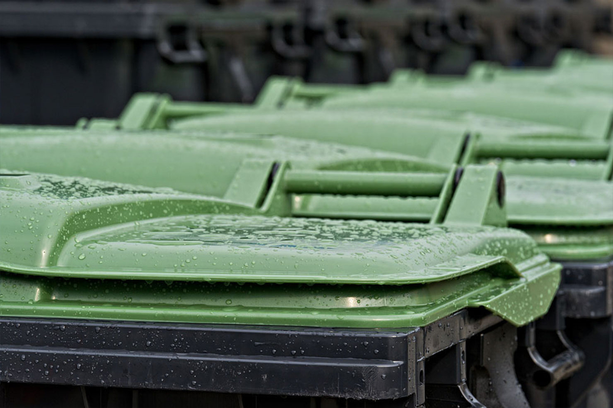 Grüne Mülltonnen in Reihe aufgestellt